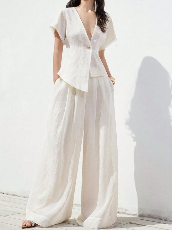 MODA ME COUTURE Tops - White Casual Women's Wide Leg Pants And Top Two Pieces